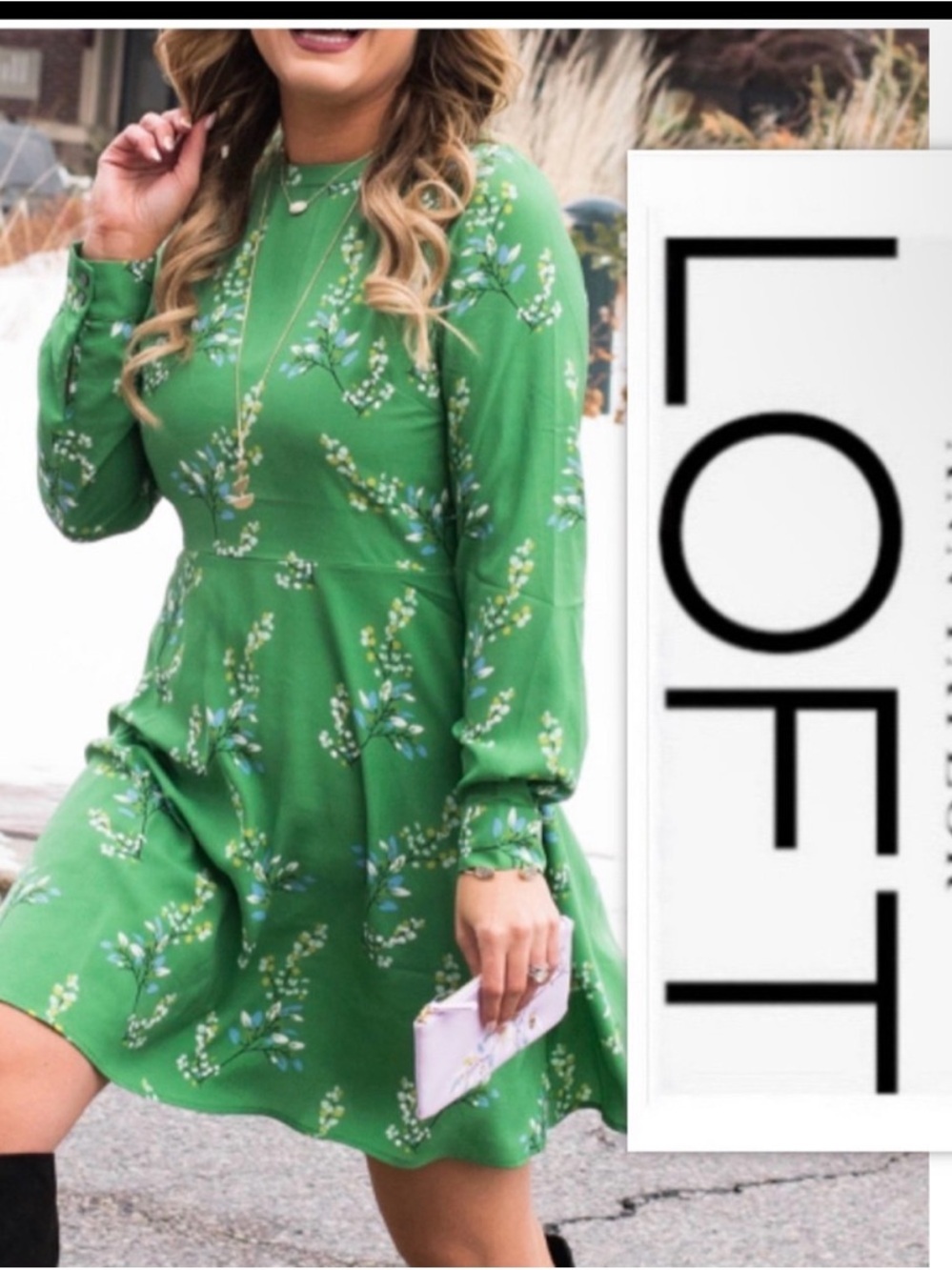 LOFT adorable! Green Floral Long-Sleeve Fit & Flare Dress, guc, sz 6💚